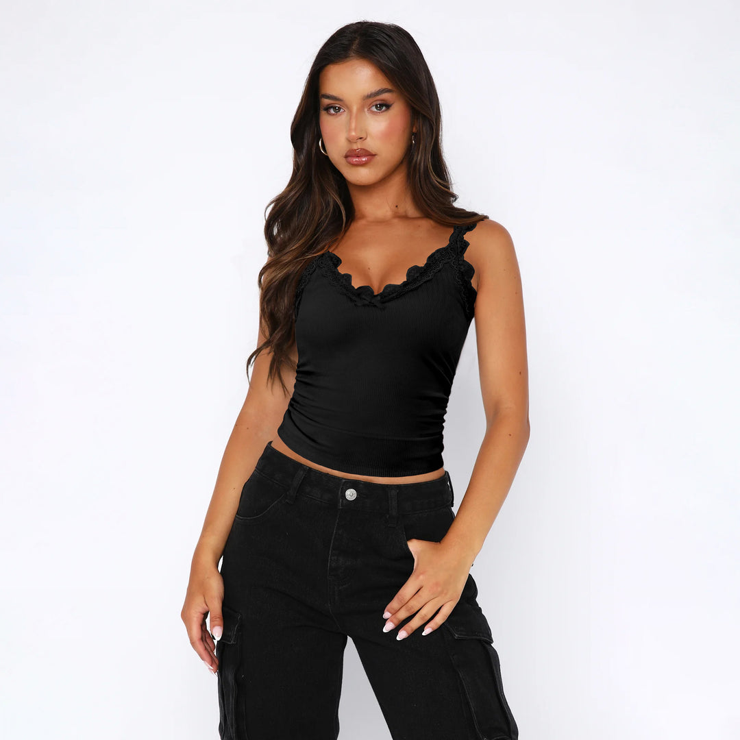 Damen Spitzen-Cami-Top mit verstellbaren Trägern und dekorativem Design Heidi-Mode