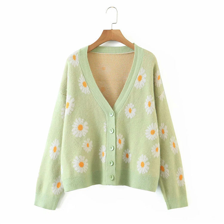 Damen Strickjacke mit Blumenmuster und V-Ausschnitt Heidi-Mode