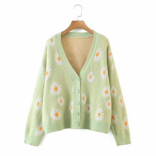 Damen Strickjacke mit Blumenmuster und V-Ausschnitt Heidi-Mode