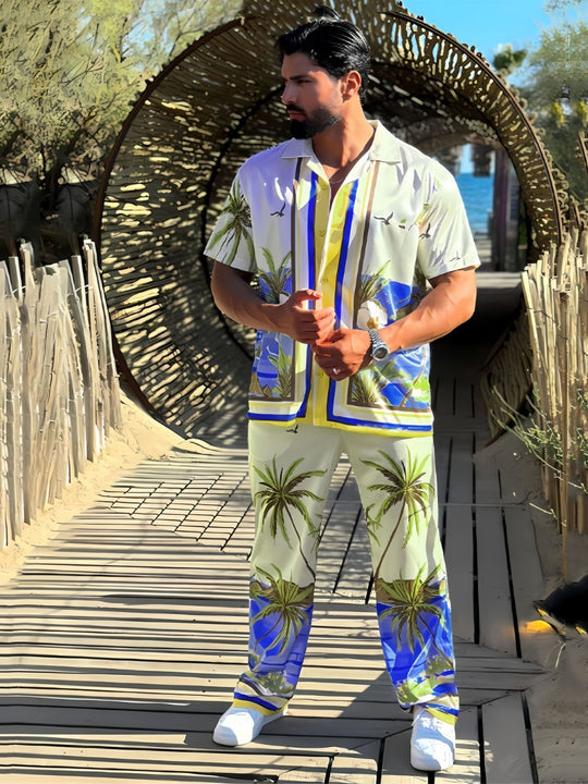 Herren Strandhemd und Hose im tropischen Palmen-Design mit kurzärmligem Schnitt Heidi-Mode