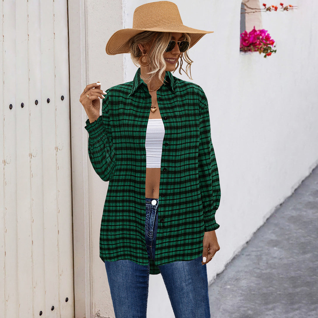 Damen Karobluse mit angeschnittenen Ärmeln und elastischen Ärmelsäumen Heidi-Mode