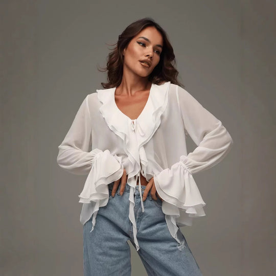 Damen leichtes Chiffon-Blusenshirt mit Rüschen und Kordelzug Heidi-Mode
