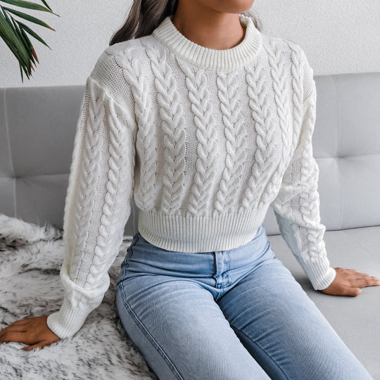 Damen Strickpullover im modernen Zopfmuster mit engem Bund Heidi-Mode
