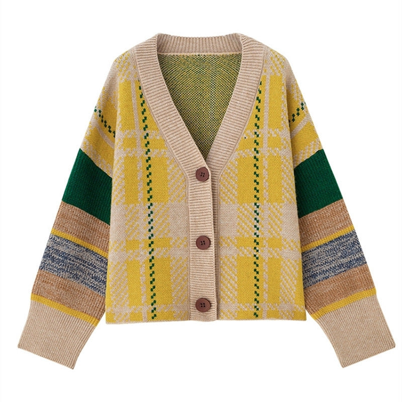 Damen Grobstrick-Cardigan mit buntem Karomuster und großen Holzknöpfen Heidi-Mode