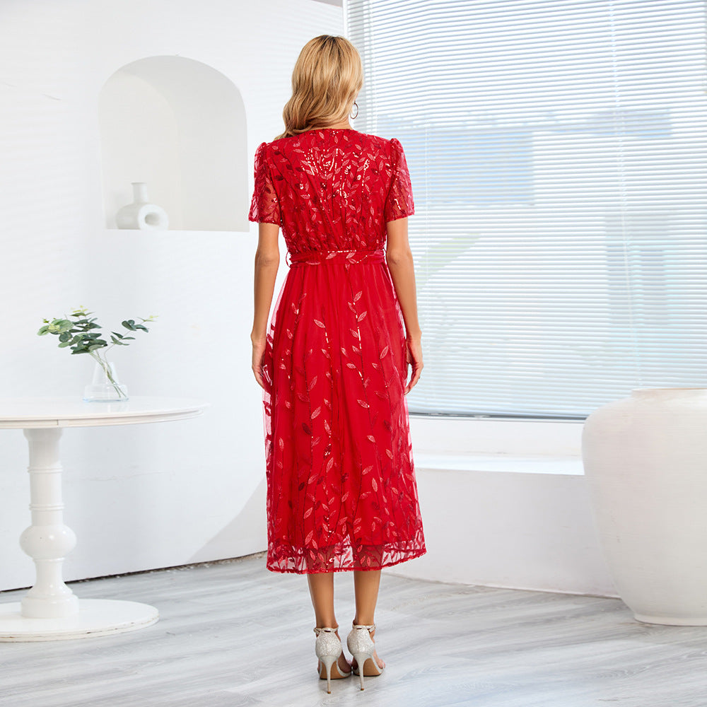 Heidi-Mode | Kurzärmliges Kreuz V-Ausschnitt Gürtel Midi Kleid