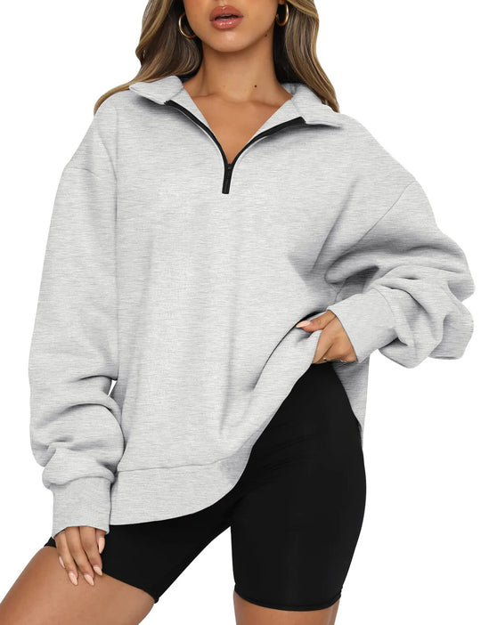 Damen Oversized Sweatshirt mit kurzem Reißverschluss und lässigem Schnitt Heidi-Mode