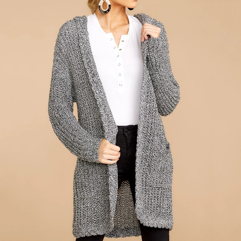 Damen kuschelige Strickjacke mit offener Front und Kapuze Heidi-Mode