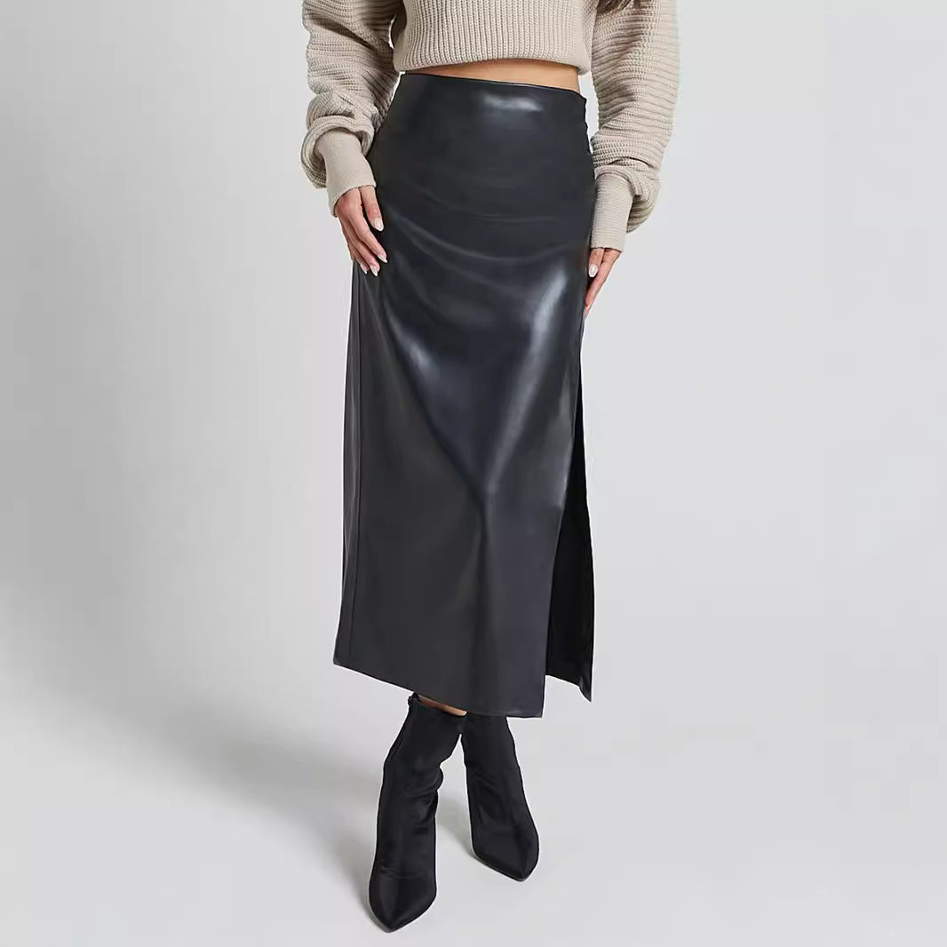 Damen Bleistiftrock aus hochwertigem Leder mit Schlitz Heidi-Mode