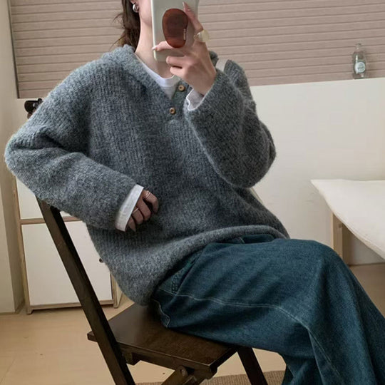 Damen bequemer Strickpullover mit Knopfleiste und Kapuze Heidi-Mode