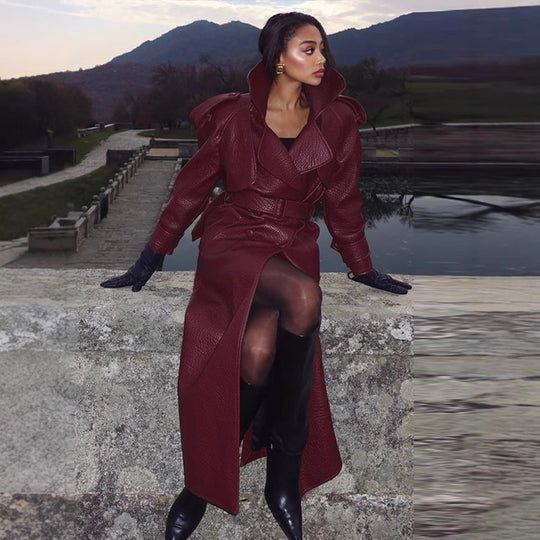 Damen Kunstleder Trenchcoat mit Oberteil und Taillengürtel Heidi-Mode