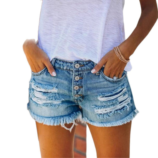 Damen Denim-Shorts mit angesagtem Destroyed-Effekt und Fransen Heidi-Mode