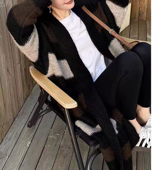 Damen Langer Strickcardigan mit geometrischem Muster Heidi-Mode