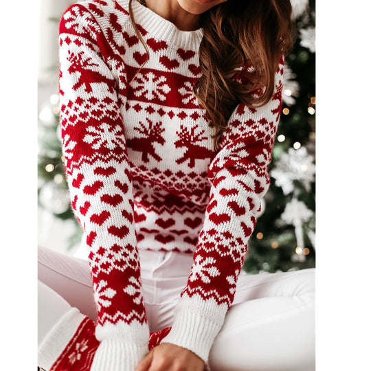 Damen Strickpullover mit weihnachtlichem Muster und Rundhalsausschnitt Heidi-Mode