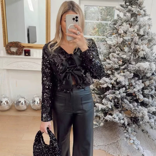 Damen elegante Lurex-Partyjacke mit Rüschen und schönen Schleifen Heidi-Mode