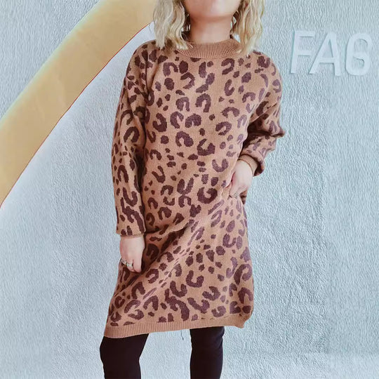 Damen Grobstrickkleid im modernen Leopardenmuster Heidi-Mode