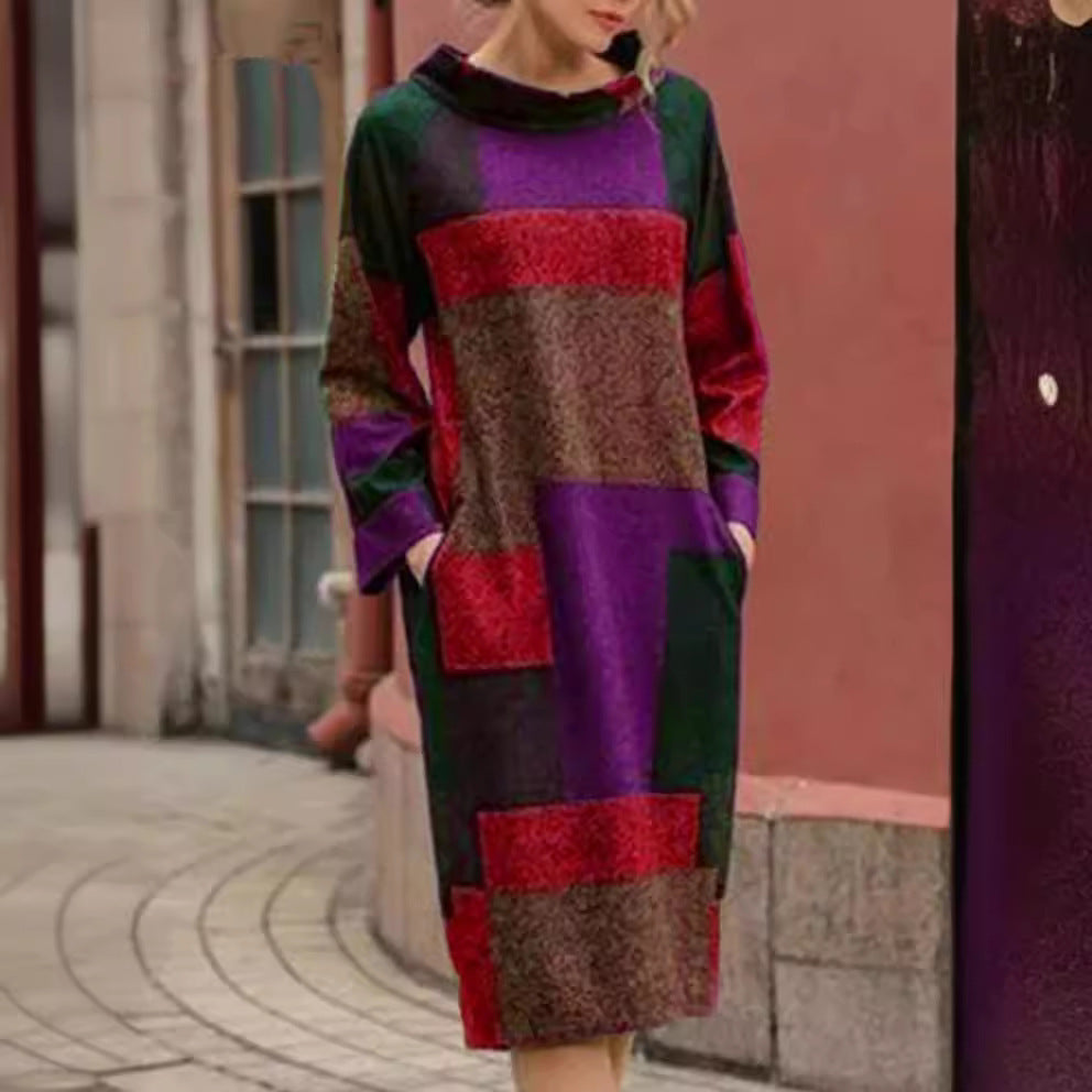 Damen Oversized Kleid mit geometrischem Patchwork-Design Heidi-Mode