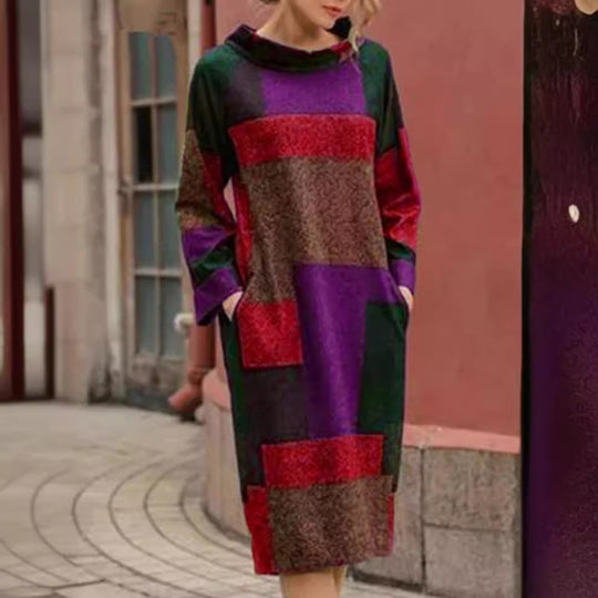 Damen Oversized Kleid mit geometrischem Patchwork-Design Heidi-Mode