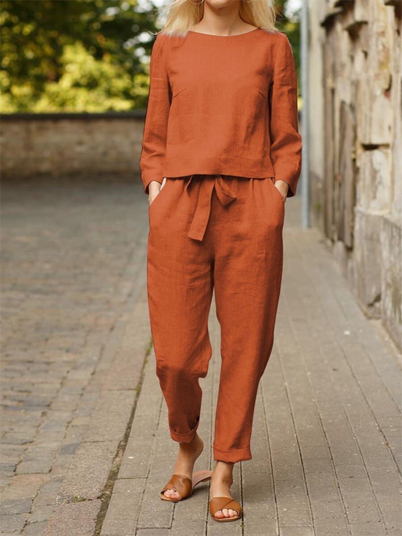 Damen Lässiges Zweiteiliges Leinen-Outfit mit breitem Bund Heidi-Mode