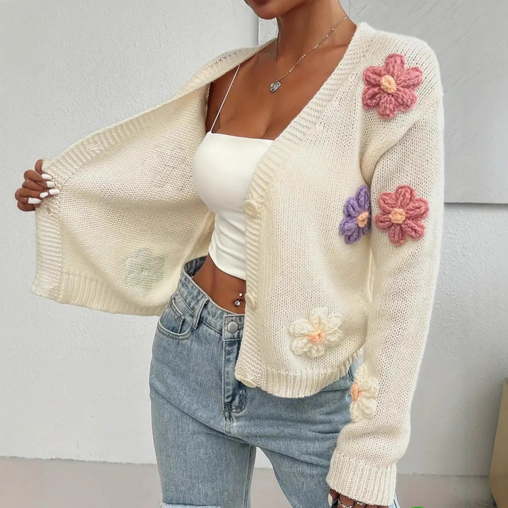 Damen Verspielter Strick-Cardigan mit handgehäkelten Blumenapplikationen Heidi-Mode
