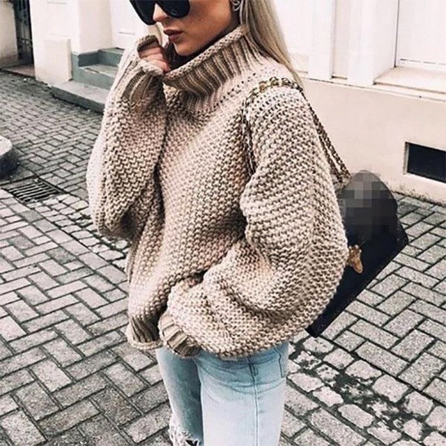 Damen Grobstrick Pullover mit Stehkragen und voluminösen Ärmeln Heidi-Mode