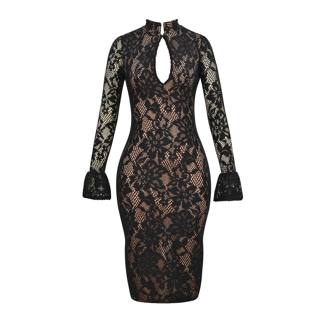 Damen Elegantes Spitzenkleid mit hochgeschlossenem Kragen und voluminösen Ärmel Heidi-Mode