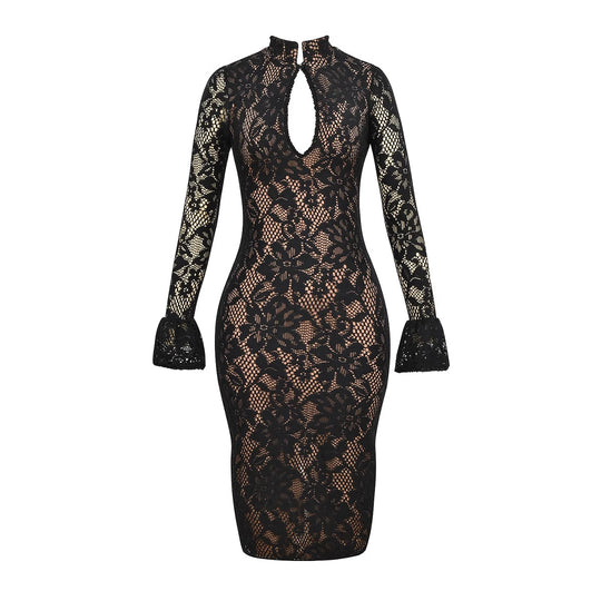 Damen Elegantes Spitzenkleid mit hochgeschlossenem Kragen und voluminösen Ärmel Heidi-Mode