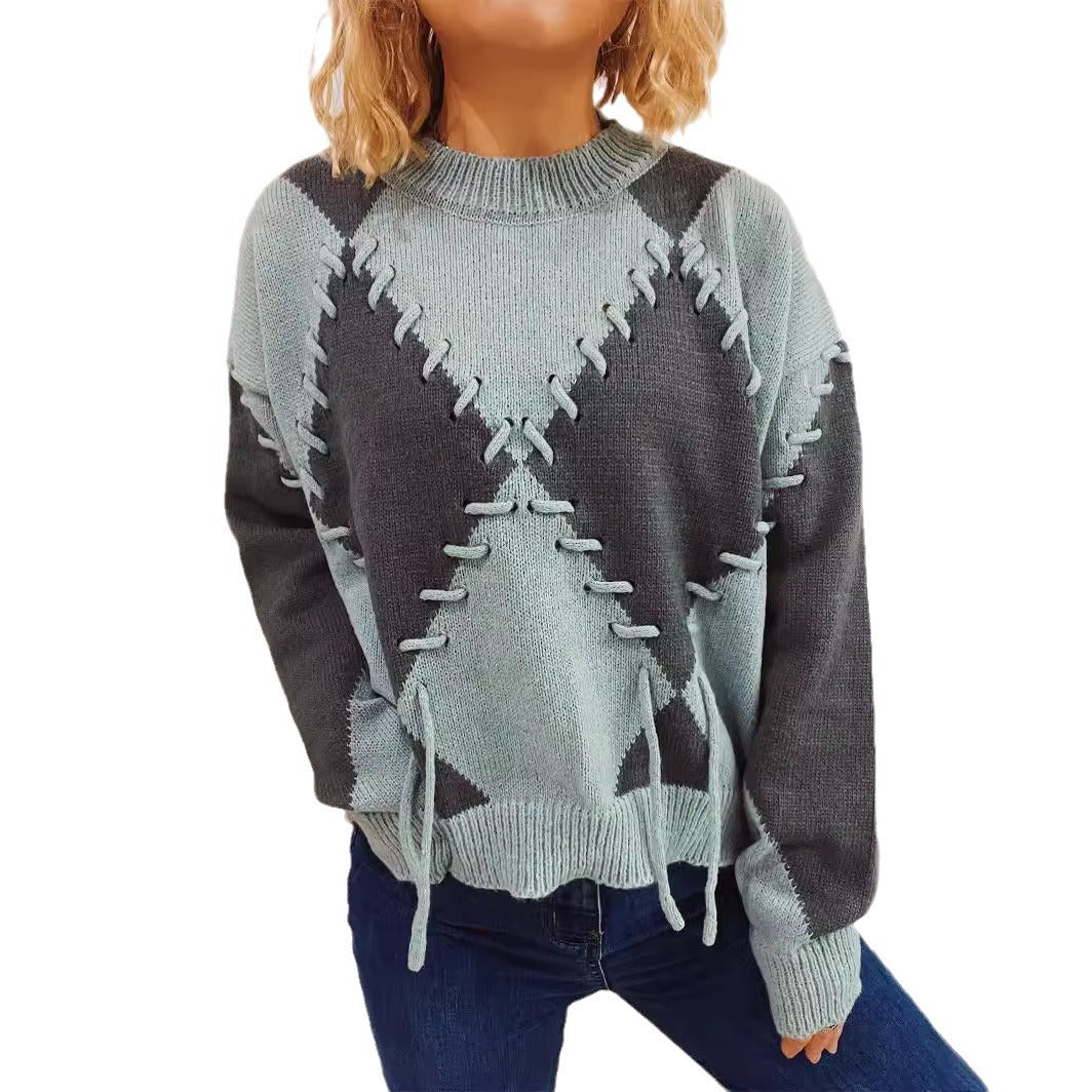 Damen gemütlicher Strickpullover mit auffälligem Design und modernen Schnürdetails Heidi-Mode
