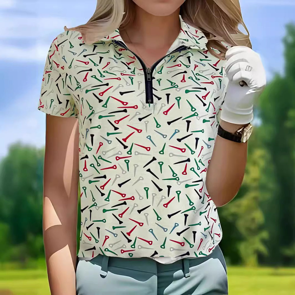 Damen Golfshirt mit modernem Muster und funktionalem Reißverschluss Heidi-Mode