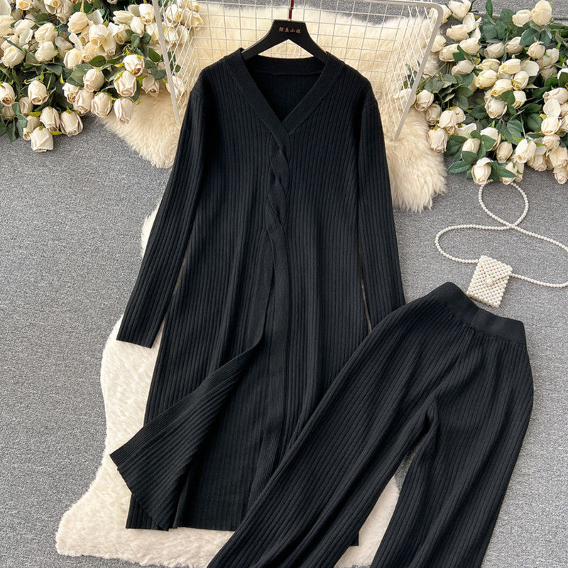Damen elegantes Strickanzug mit V-Ausschnitt und weitem Bein Heidi-Mode