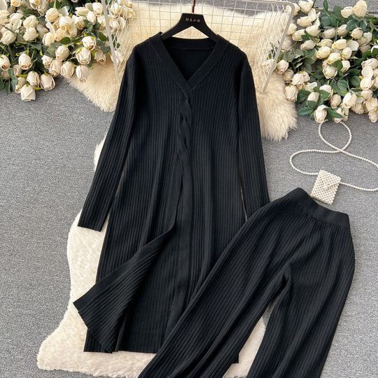 Damen elegantes Strickanzug mit V-Ausschnitt und weitem Bein Heidi-Mode