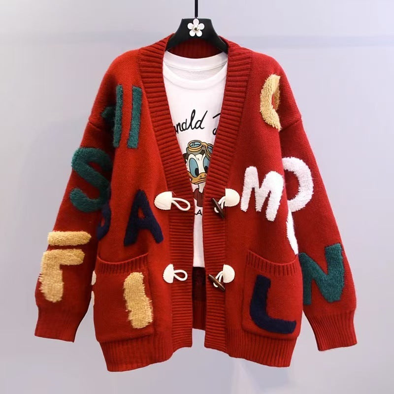 Damen Grobstrick-Cardigan mit bunten Applikationen und großen Taschen Heidi-Mode