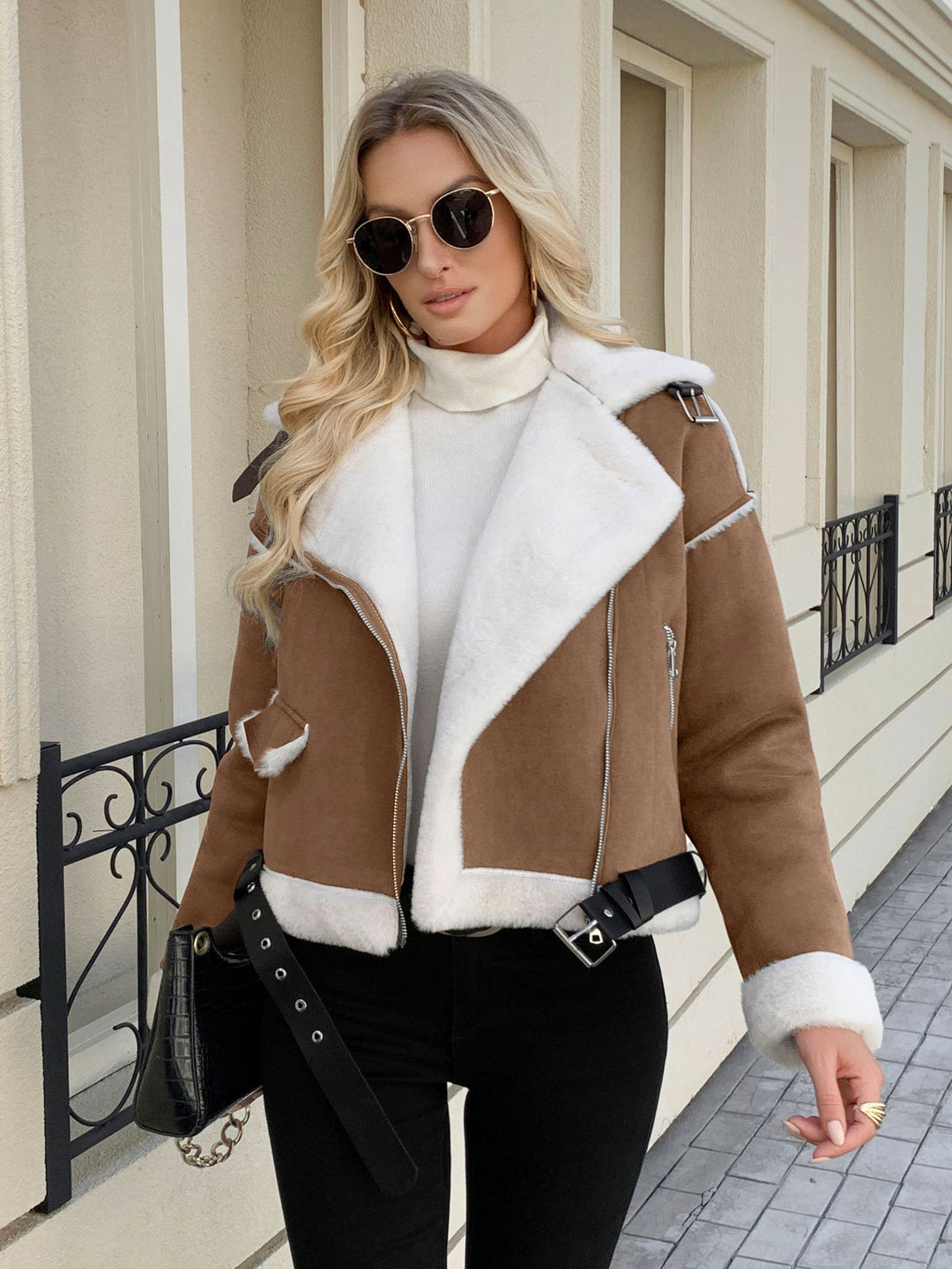 Damen modische jacke mit Kunstfellkragen und Gürtel Heidi-Mode