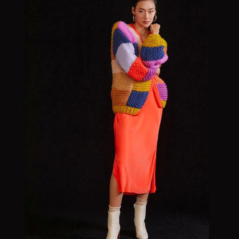 Damen Grobstrick-Cardigan mit buntem Patchwork-Design Heidi-Mode
