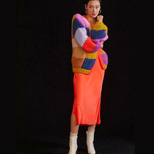 Damen Grobstrick-Cardigan mit buntem Patchwork-Design Heidi-Mode