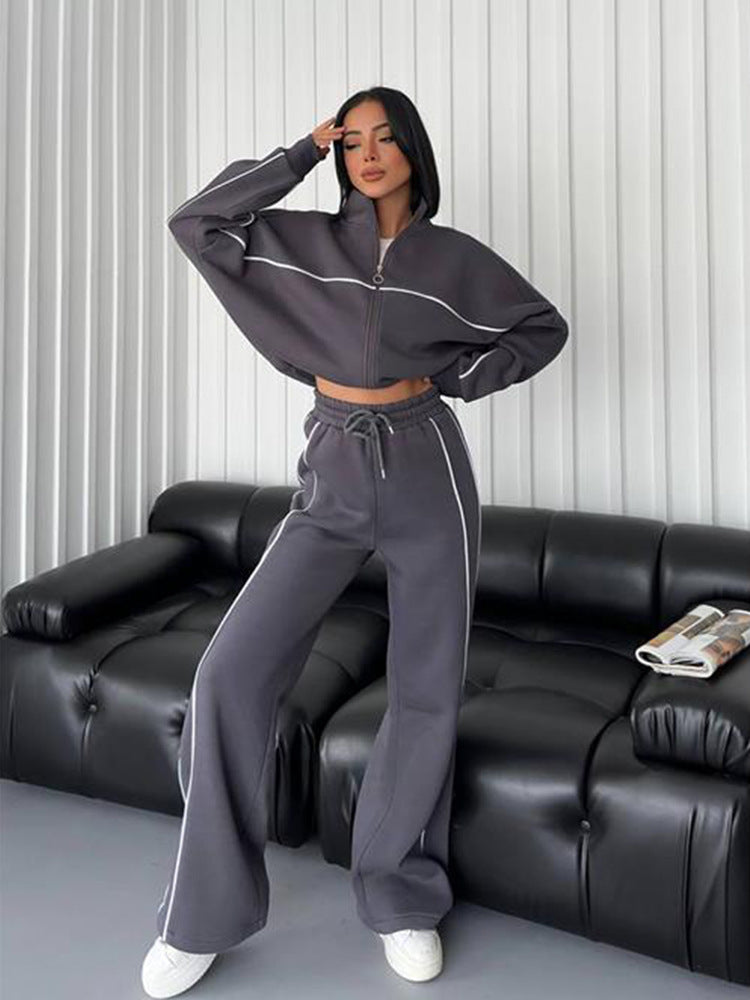 Damen lässiges Crop-Sweat-Set mit weitem Schnitt und hohem Kragen Heidi-Mode