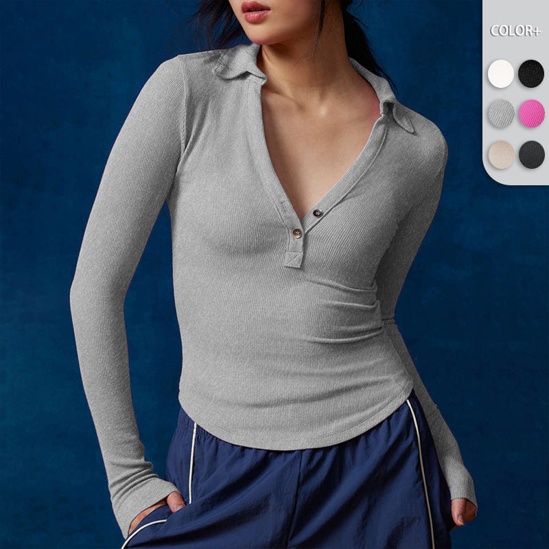 Damen Langarmshirt mit Knopfleiste und Polo-Kragen Heidi-Mode
