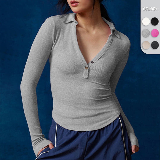 Damen Langarmshirt mit Knopfleiste und Polo-Kragen Heidi-Mode