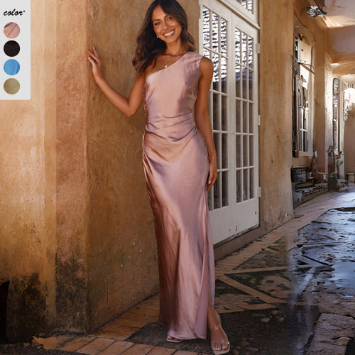 Damen Maxikleid mit asymmetrischem Design und elegantem Satin-Finish Heidi-Mode