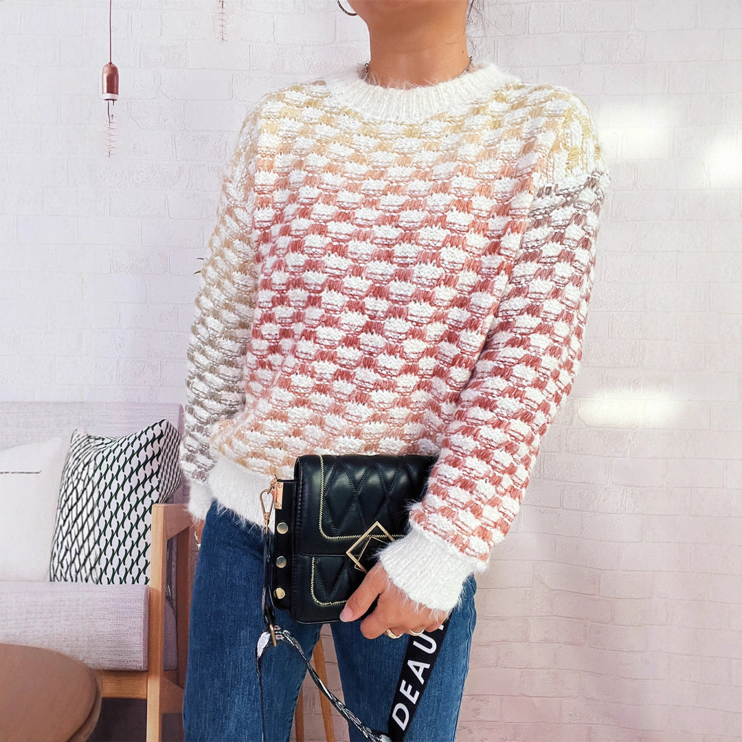 Damen Modischer Strickpullover mit Karo-Muster Heidi-Mode