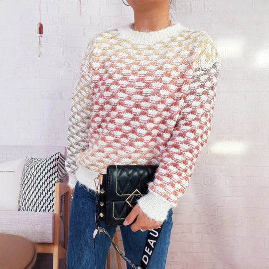 Damen Modischer Strickpullover mit Karo-Muster Heidi-Mode
