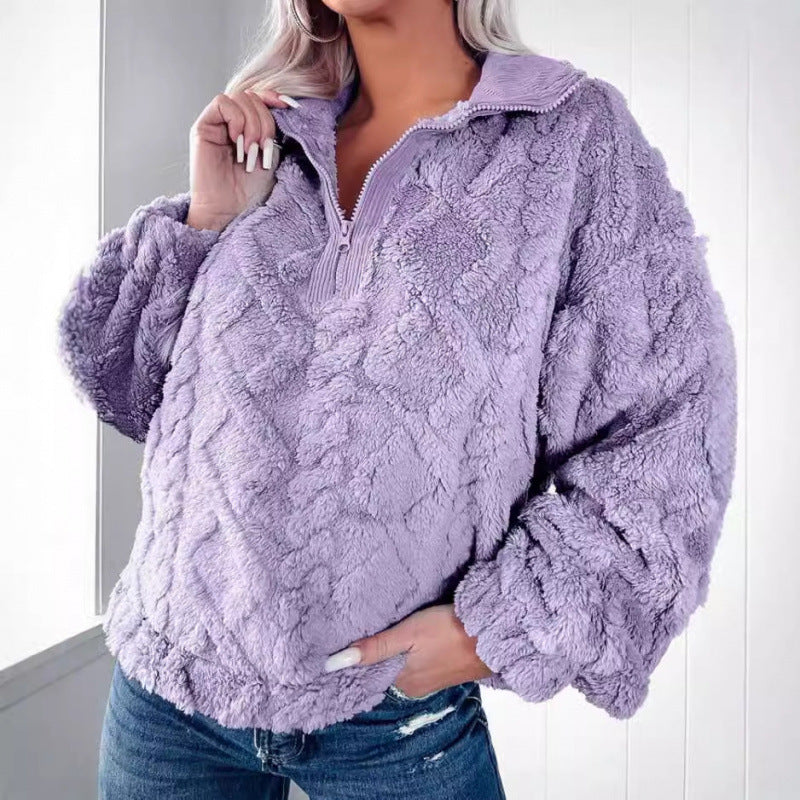 Damen Kuscheliger Fleece-Pullover mit hohem Kragen und Halb-Reißverschluss Heidi-Mode