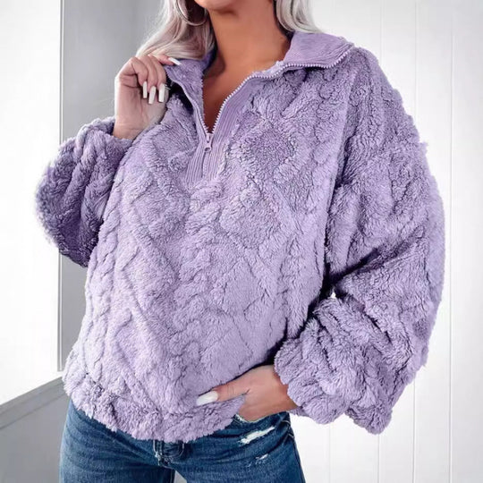 Damen Kuscheliger Fleece-Pullover mit hohem Kragen und Halb-Reißverschluss Heidi-Mode