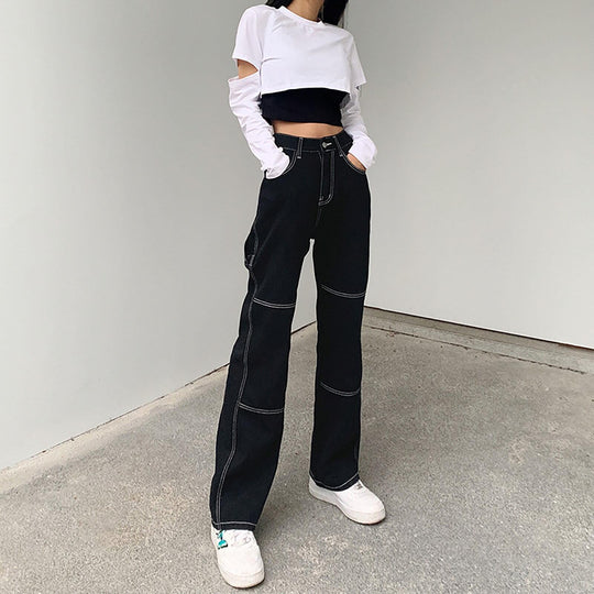 Damen weite Jeans mit modischen Kontrastnähten Heidi-Mode