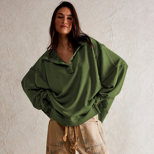 Damen Oversize Pullover mit Kragen und Druckknöpfen Heidi-Mode