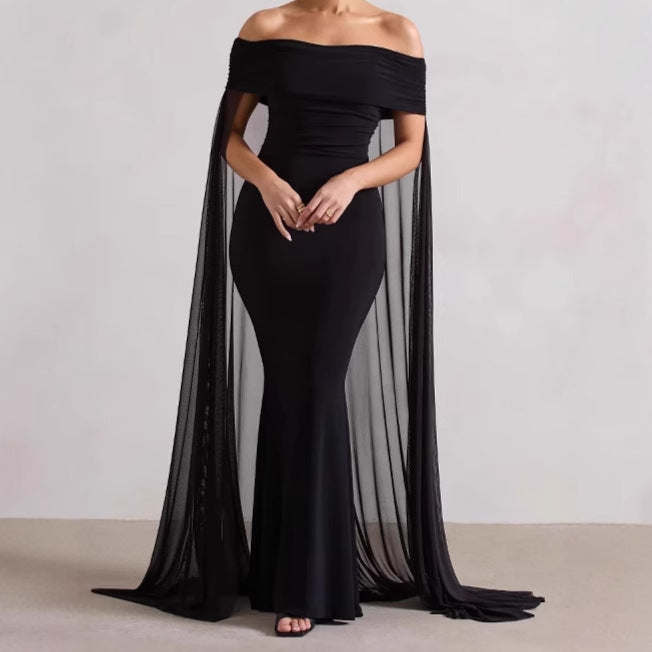 Damen Elegantes Off-Shoulder Abendkleid mit fließendem Transparenz-Cape und figurumspielendem Schnitt Heidi-Mode