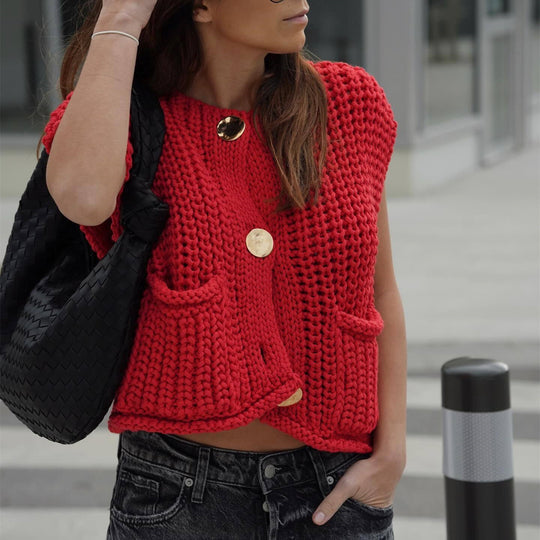 Damen Strickweste mit knopfverzierter Front und Taschen Heidi-Mode