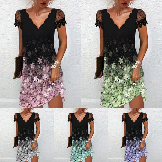 Heidi-Mode | Trendiger Print Welle V-Ausschnitt Spitze Kurze Ärmel Kleid