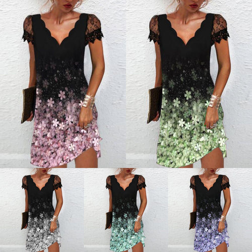 Heidi-Mode | Trendiger Print Welle V-Ausschnitt Spitze Kurze Ärmel Kleid