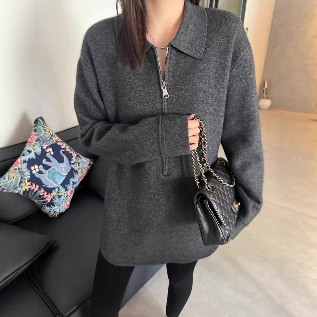 Damen Modischer Pullover mit Reißverschluss und Kragen Heidi-Mode