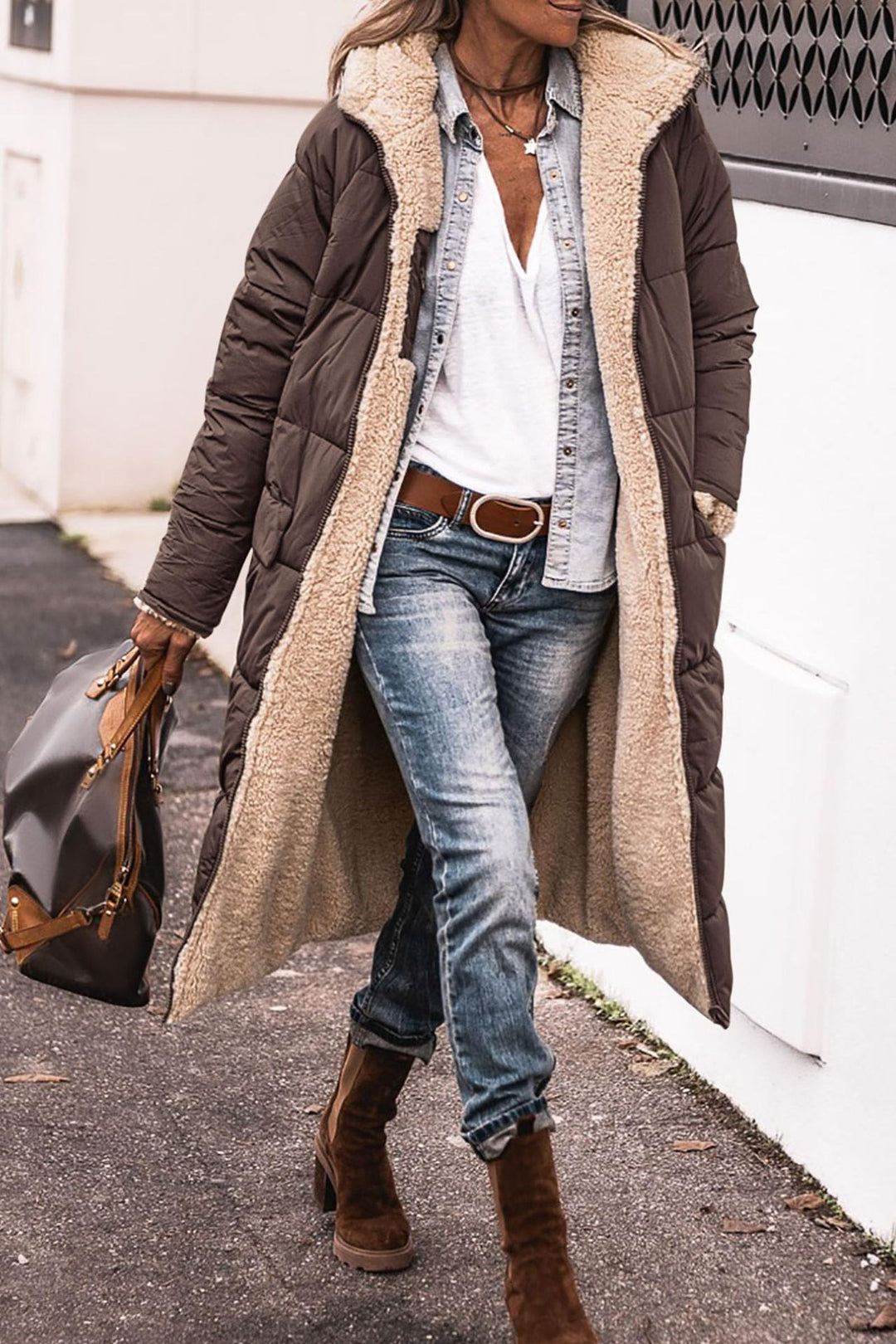 Damen lange Steppjacke mit kuscheligem Teddyfutter und großem Revers Heidi-Mode